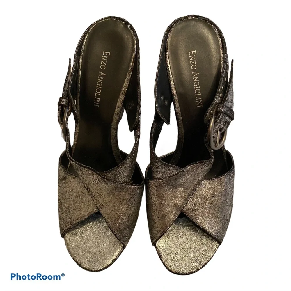 ENZO ANGIOLINI NEW SHOES WEDGE SILVER LEATHER OPEN TOE Size 8M NEELAY